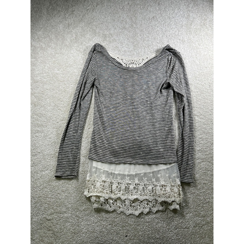 Jolt Sweater Womens Small Gray Striped Long Sleeve Lace Trim Crochet Boho Top